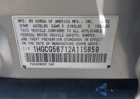 2002 Honda Accord 2.3 Se z USA, uszkodzony, nr VIN 1HGCG56712A115859